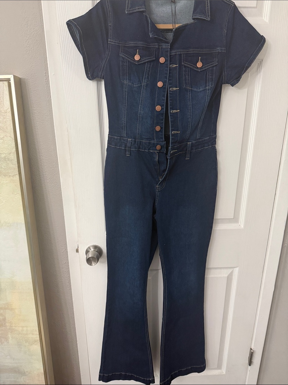 Fashion Nova Dark Indigo Denim Short-Sleeve Jumpsuit